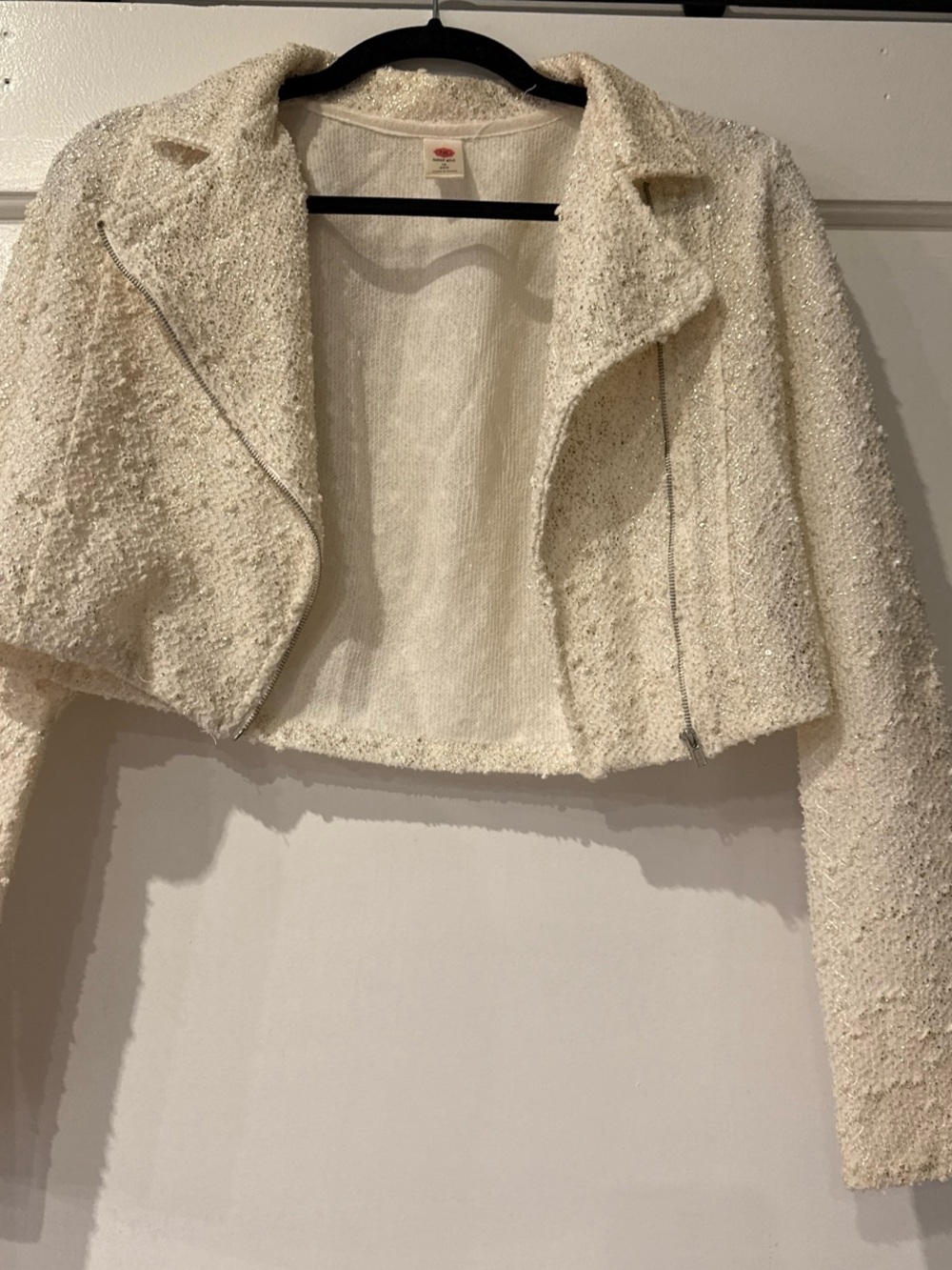 total girl Ivory Textured Cropped Moto Jacket